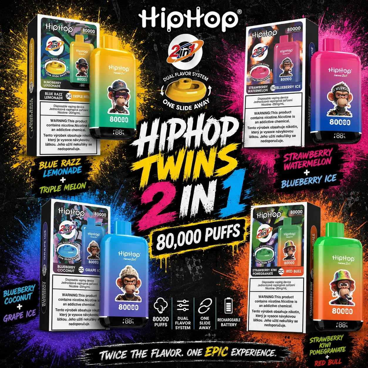 HIPHOP Twins 2-in-1 80K – Jednokratni Vape s Dva Okusa u Jednom Uređaju - Vapecroatia-Fokusirani na kvalitetnu vape veleprodaju i maloprodaju